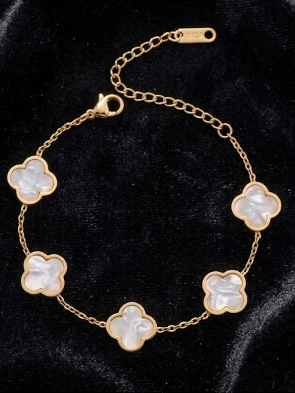 Mother of Pearl Clover Link Bracelet Gold Tone Adjustable Chain Delicate Jewelry